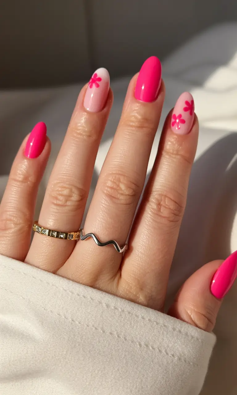 fresh spring hot pink nails 2026 Bright Pink Spring Nails With Simple Floral Art