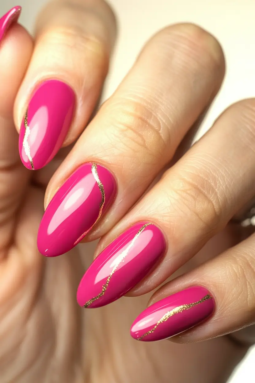 fresh spring hot pink nails 2026 Elegant Pink Nails With Delicate Gold Waves