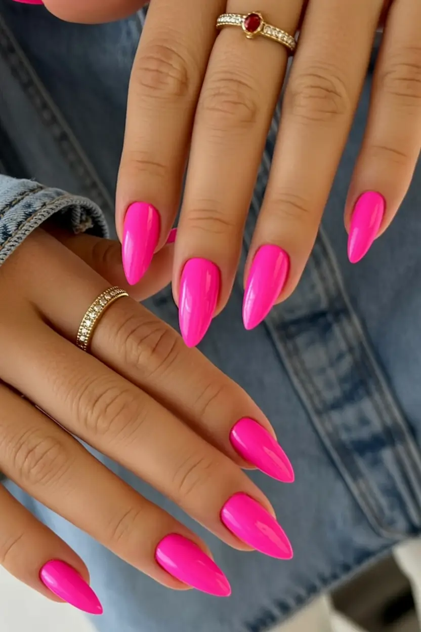 fresh spring hot pink nails 2026 Elegant Hot Pink Stiletto Nails With High Gloss Shine