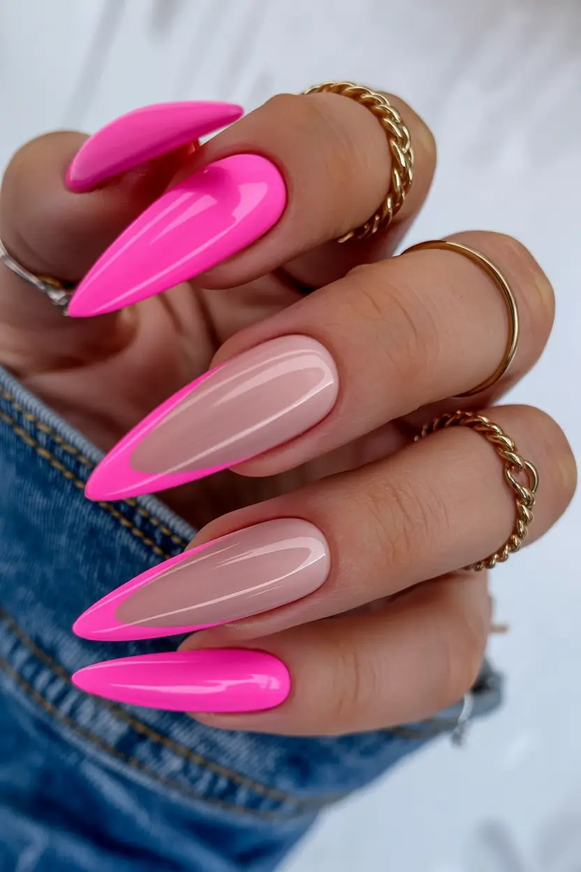 fresh spring hot pink nails 2026 Sharp Stiletto Hot Pink With Minimal Nude Contrast
