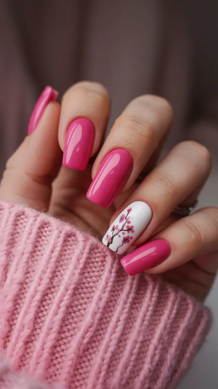 fresh spring hot pink nails 2026 Spring Blossom Accent With Glossy Pink Nails