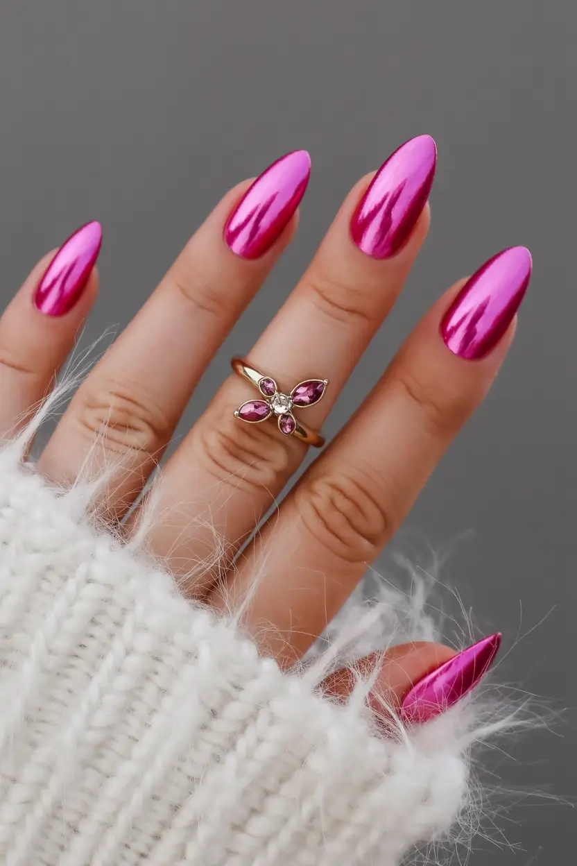 fresh spring hot pink nails 2026 Chrome Rose Pink Nails With a Mirror Finish