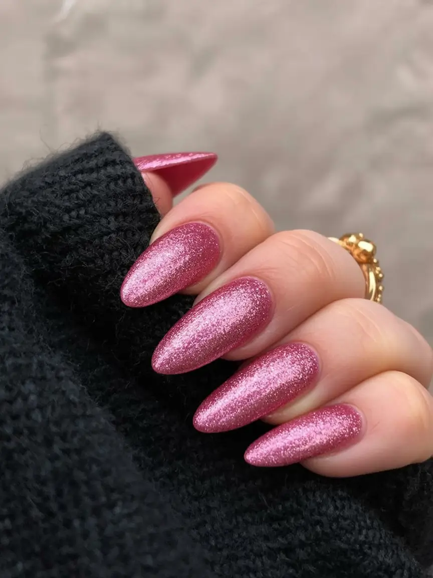 fresh spring hot pink nails 2026 Soft Glitter Rose Pink for Subtle Sparkle