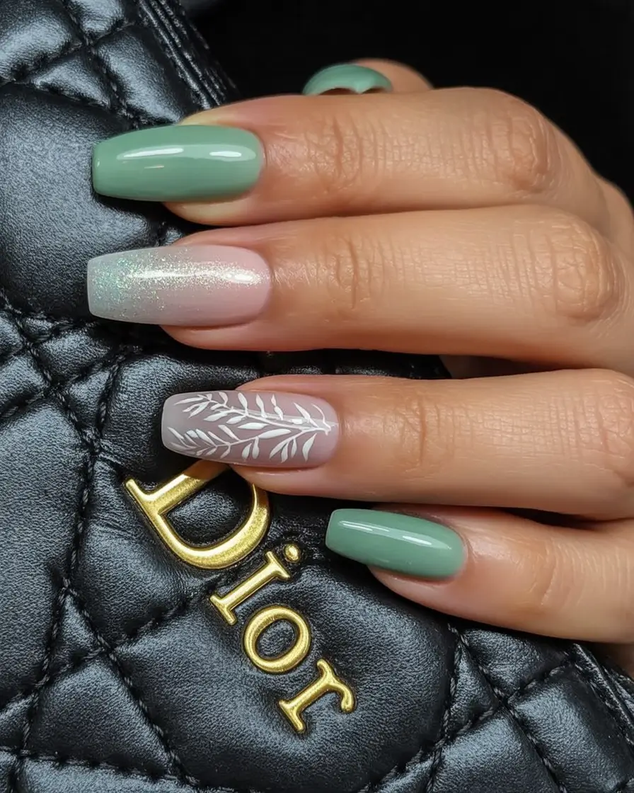 glam spring ballerina nails 2026 Muted Sage and Botanical Accent Ballerina Nails