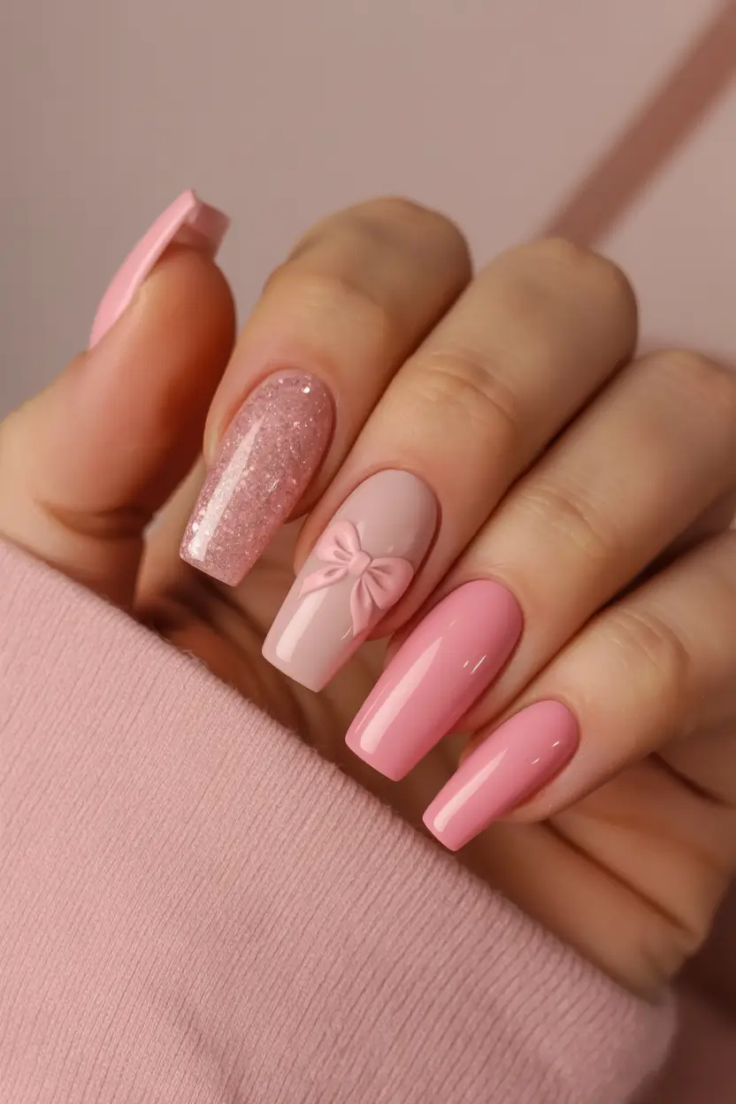glam spring ballerina nails 2026 Soft Pink Glam Ballerina Nails with Bow Accent