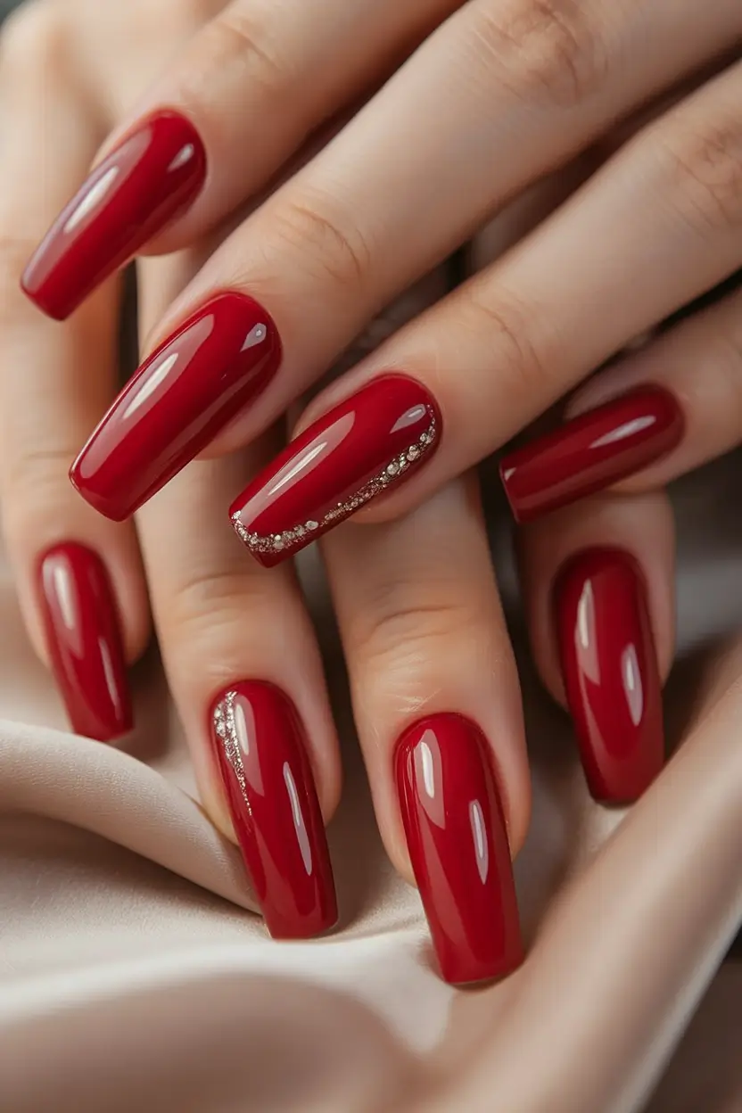 glam spring ballerina nails 2026 Bold Red Ballerina Nails with Crystal Accent Line