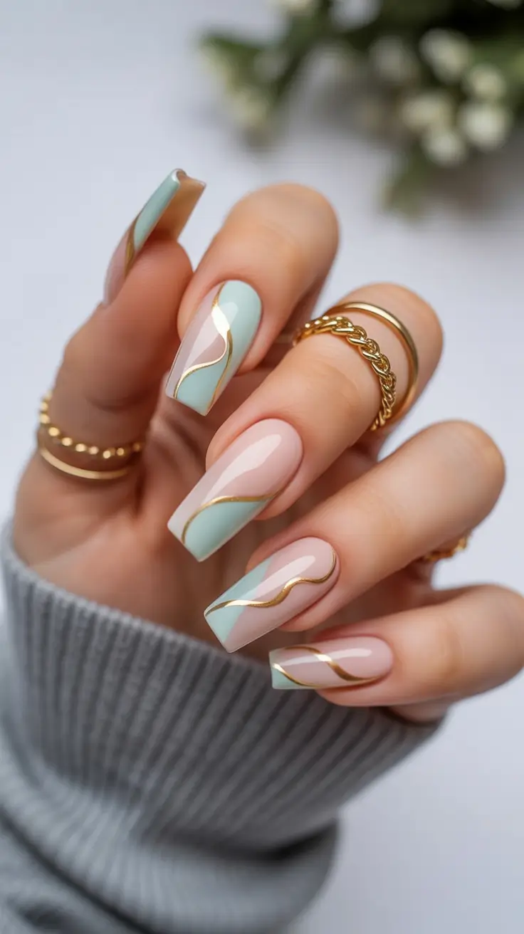 glam spring ballerina nails 2026 Mint Green and Gold Abstract Ballerina Nails