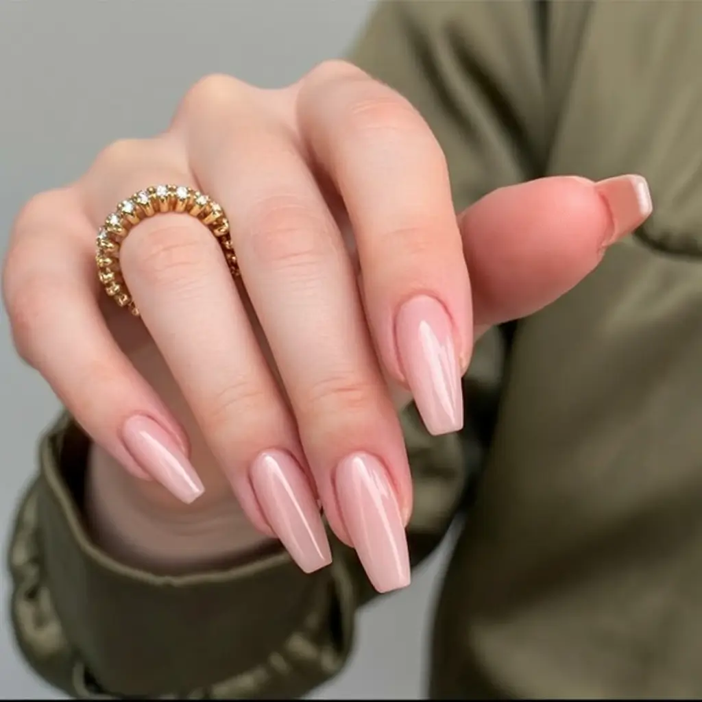 glam spring ballerina nails 2026 Glossy Blush Ballerina Nails with Soft Natural Shine