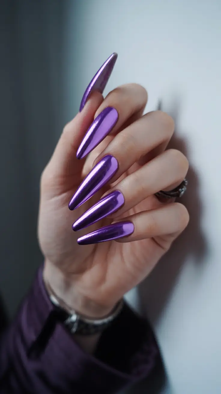 glam spring ballerina nails 2026 Metallic Chrome Purple Ballerina Nails