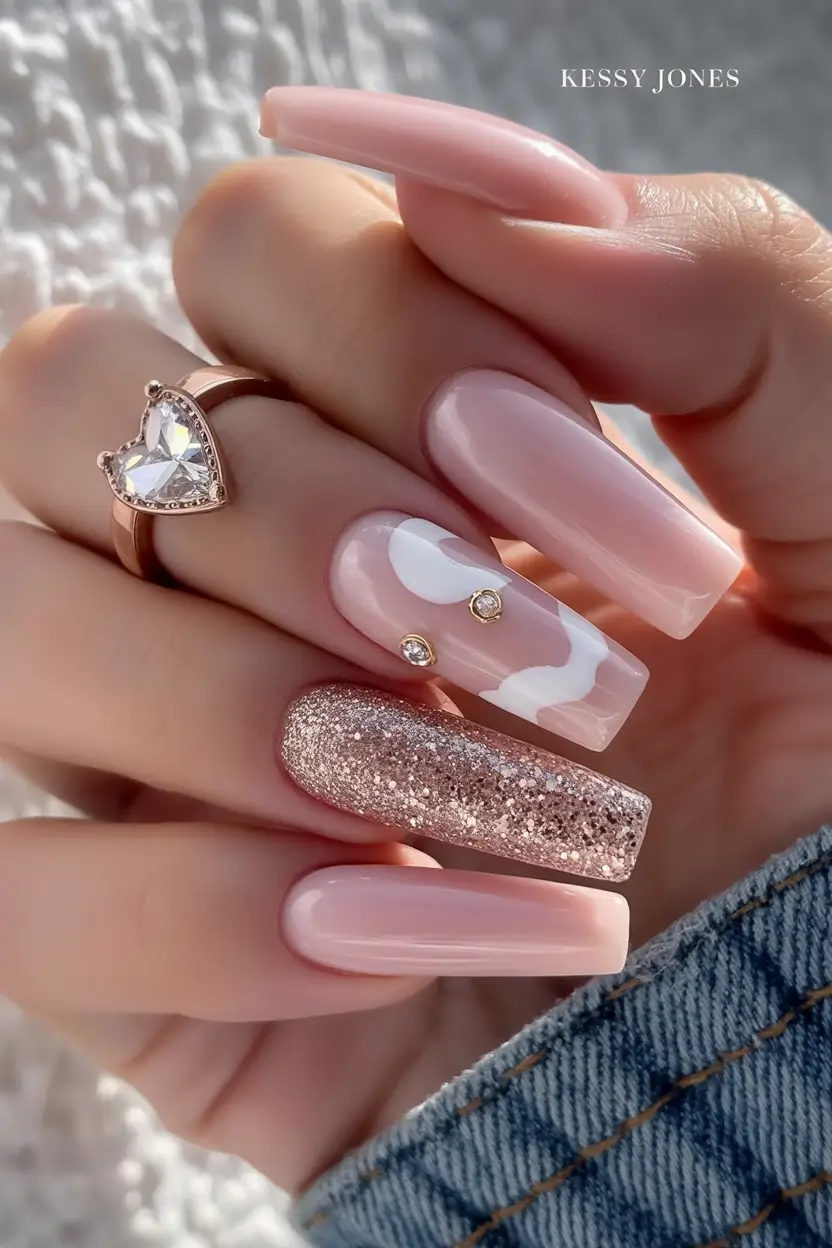 glam spring ballerina nails 2026 Blush Glam Ballerina Nails with Rose Gold Sparkle Accent