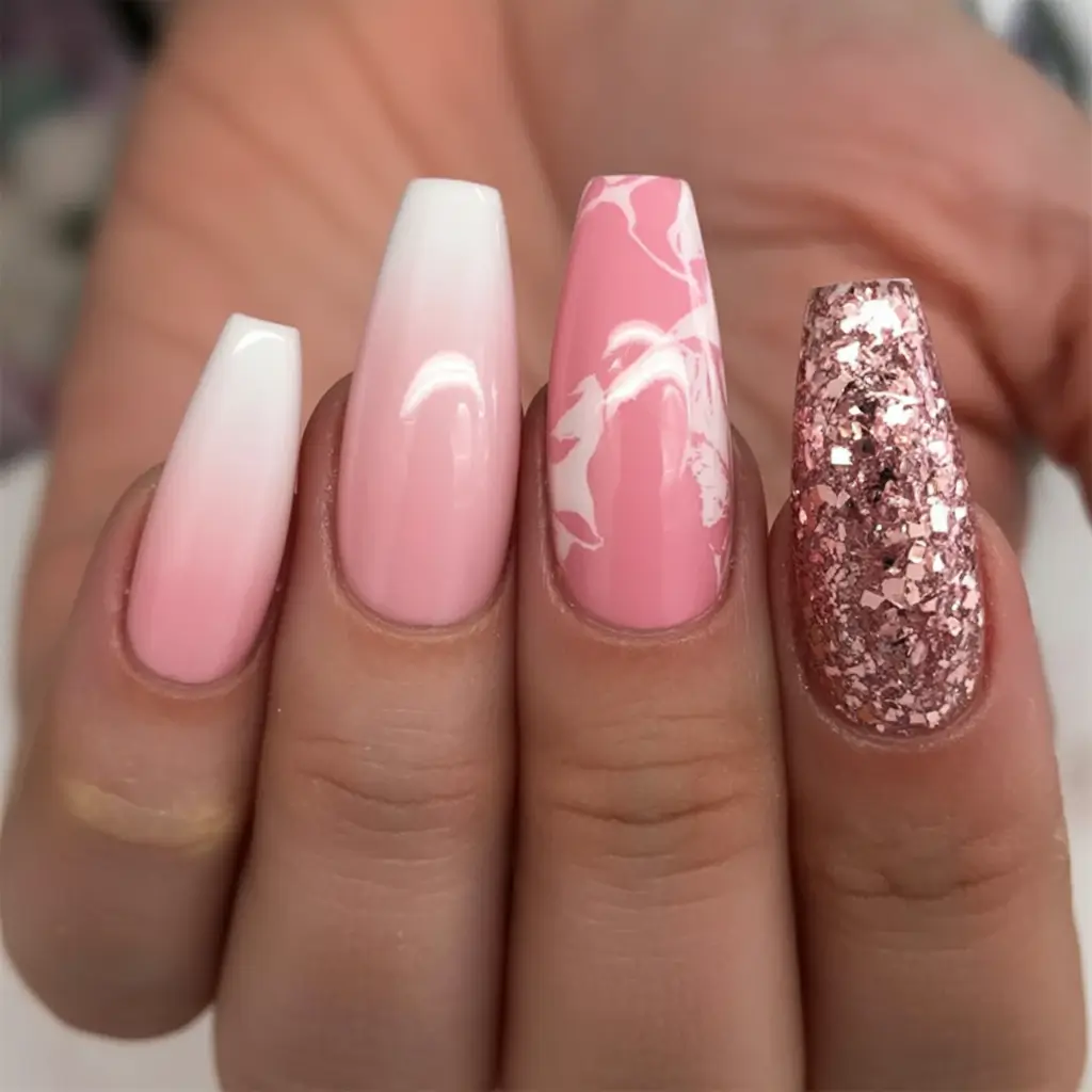glam spring ballerina nails 2026 Pink Ombre and Rose Glitter Ballerina Nails