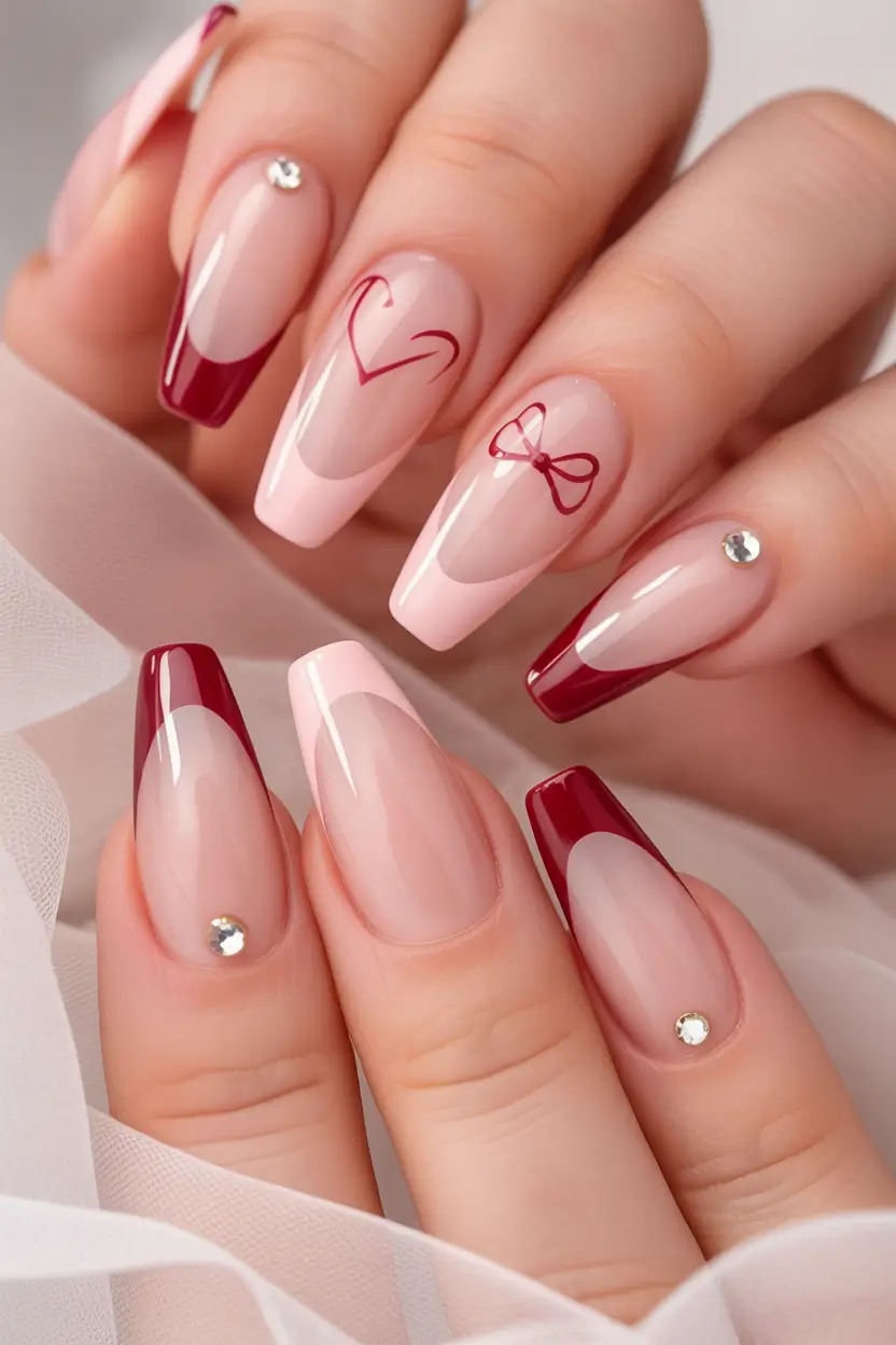 glam spring ballerina nails 2026 Cherry Heart French Ballerina Nails