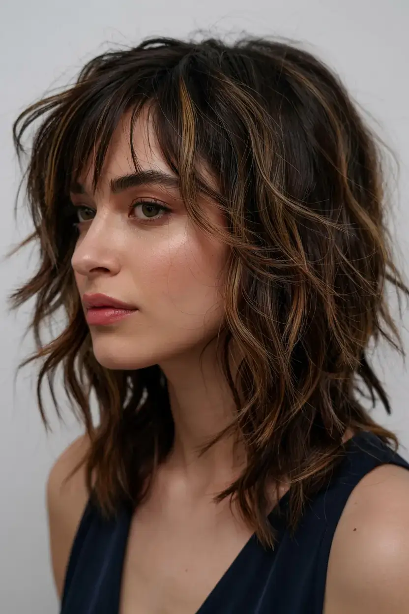 gorgeous spring shag hairstyle 2026 Soft Brunette Shag with Wispy Fringe