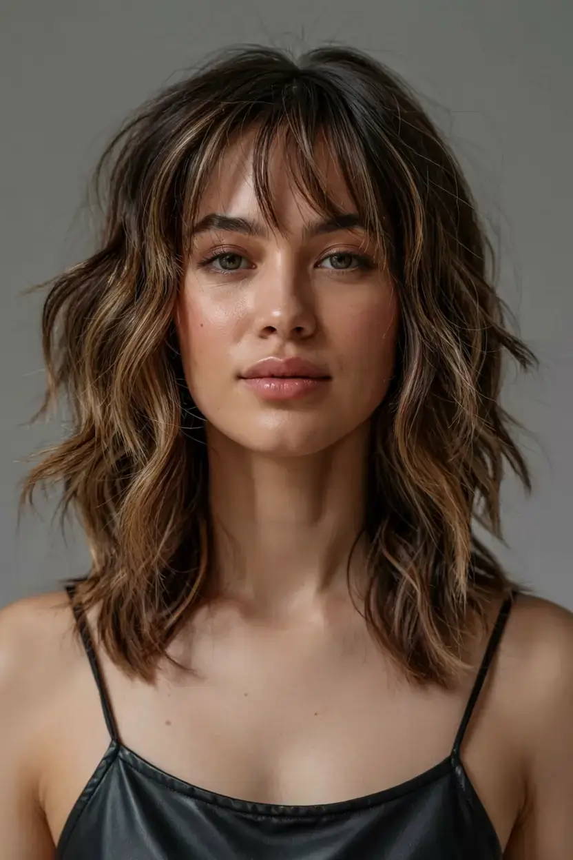 gorgeous spring shag hairstyle 2026 Textured Mid-Length Shag with Feathered Bangs