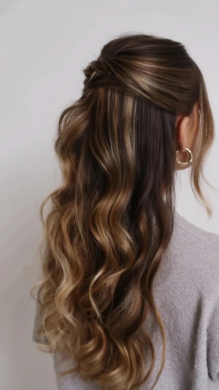 graduation hairstyles ideas 2026 half up twist brunette waves