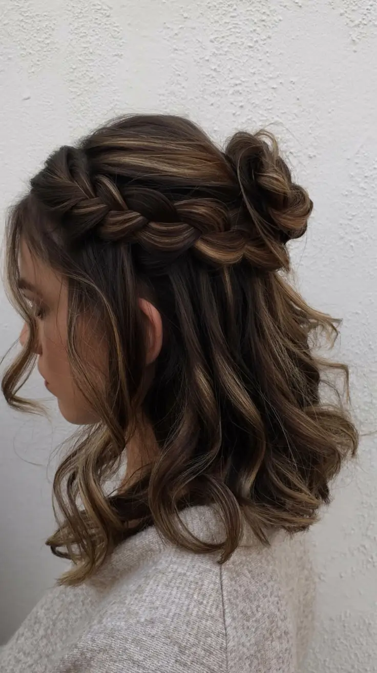 graduation hairstyles ideas 2026 half up twisted bun chocolate waves