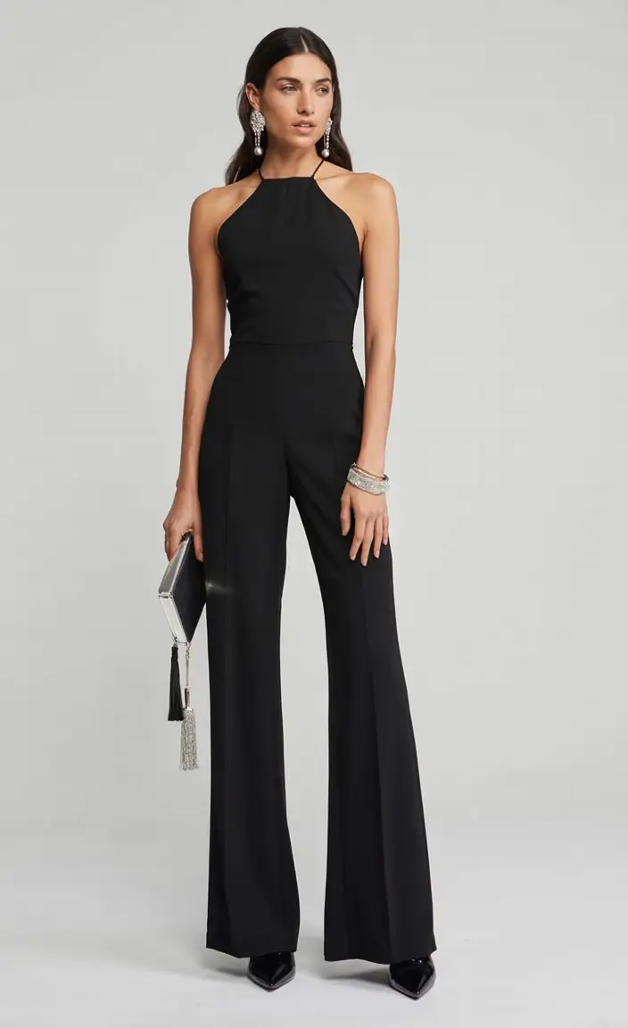 graduation look ideas 2026 After-Dark Minimalism: The Black Halter Jumpsuit
