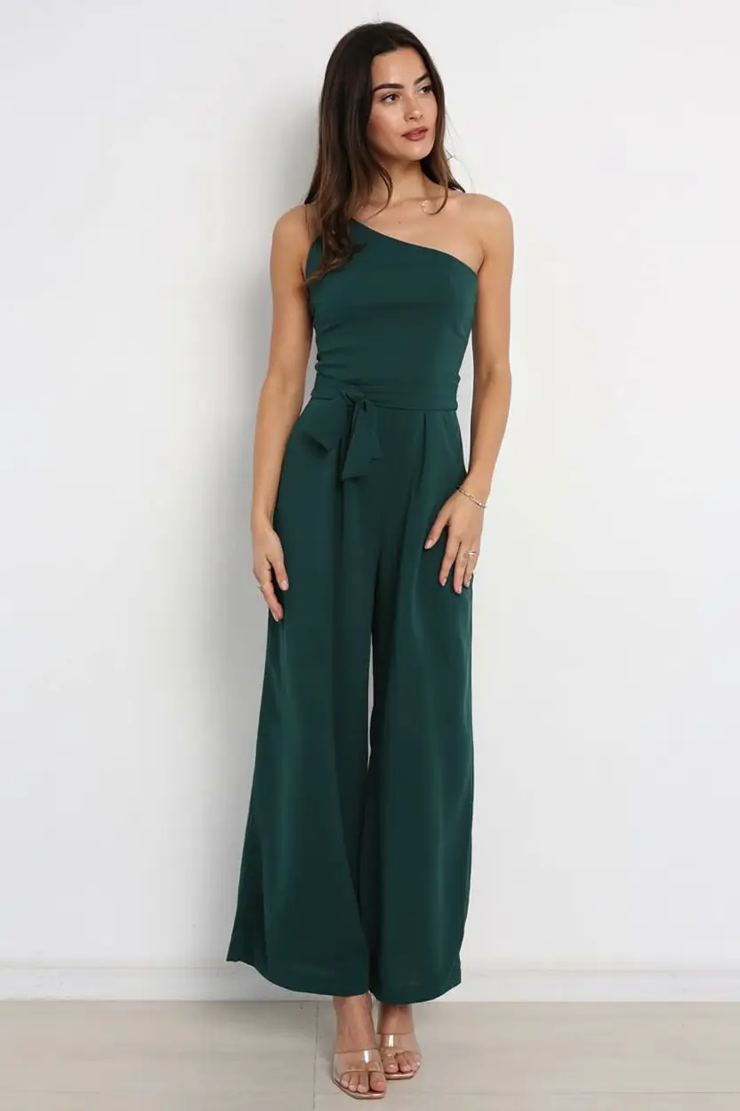 graduation look ideas 2026 Unexpected Elegance: The Deep Green One-Shoulder Jumpsuit