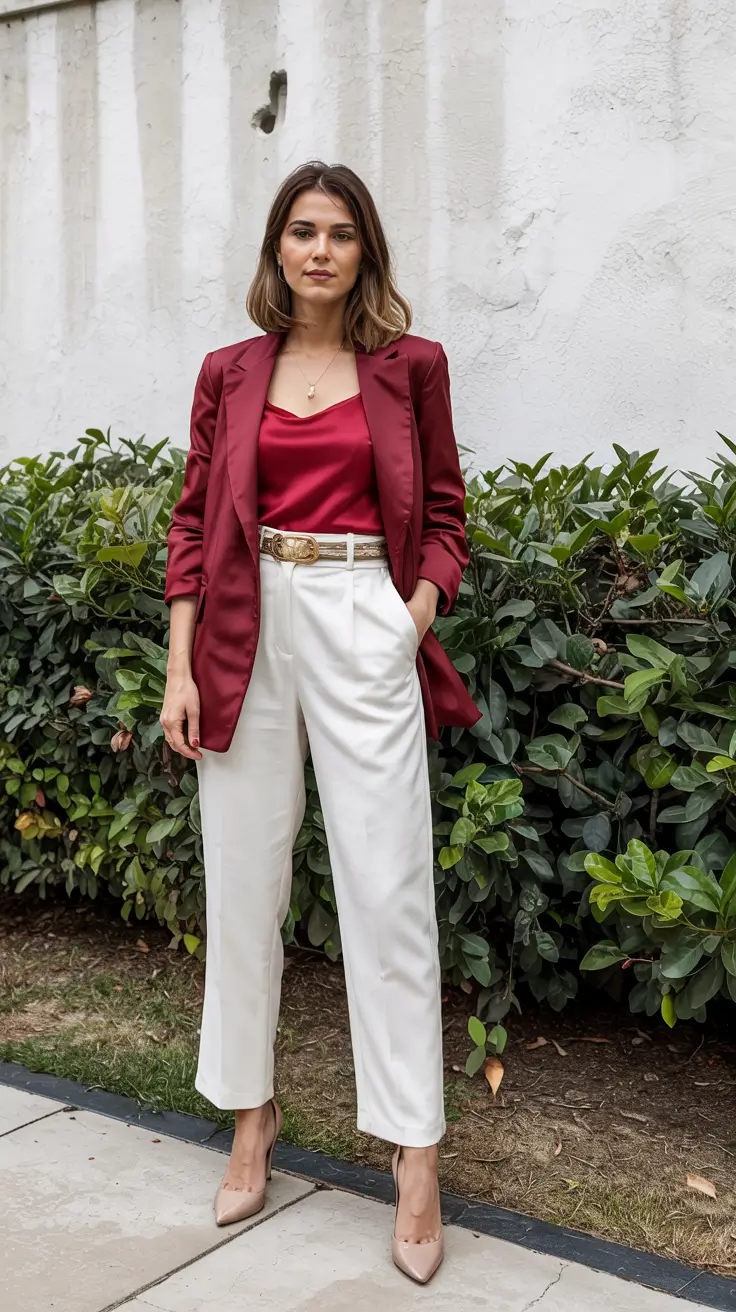 graduation look ideas 2026 Polished Contrast: The Burgundy Blazer and Cream Trousers Combo