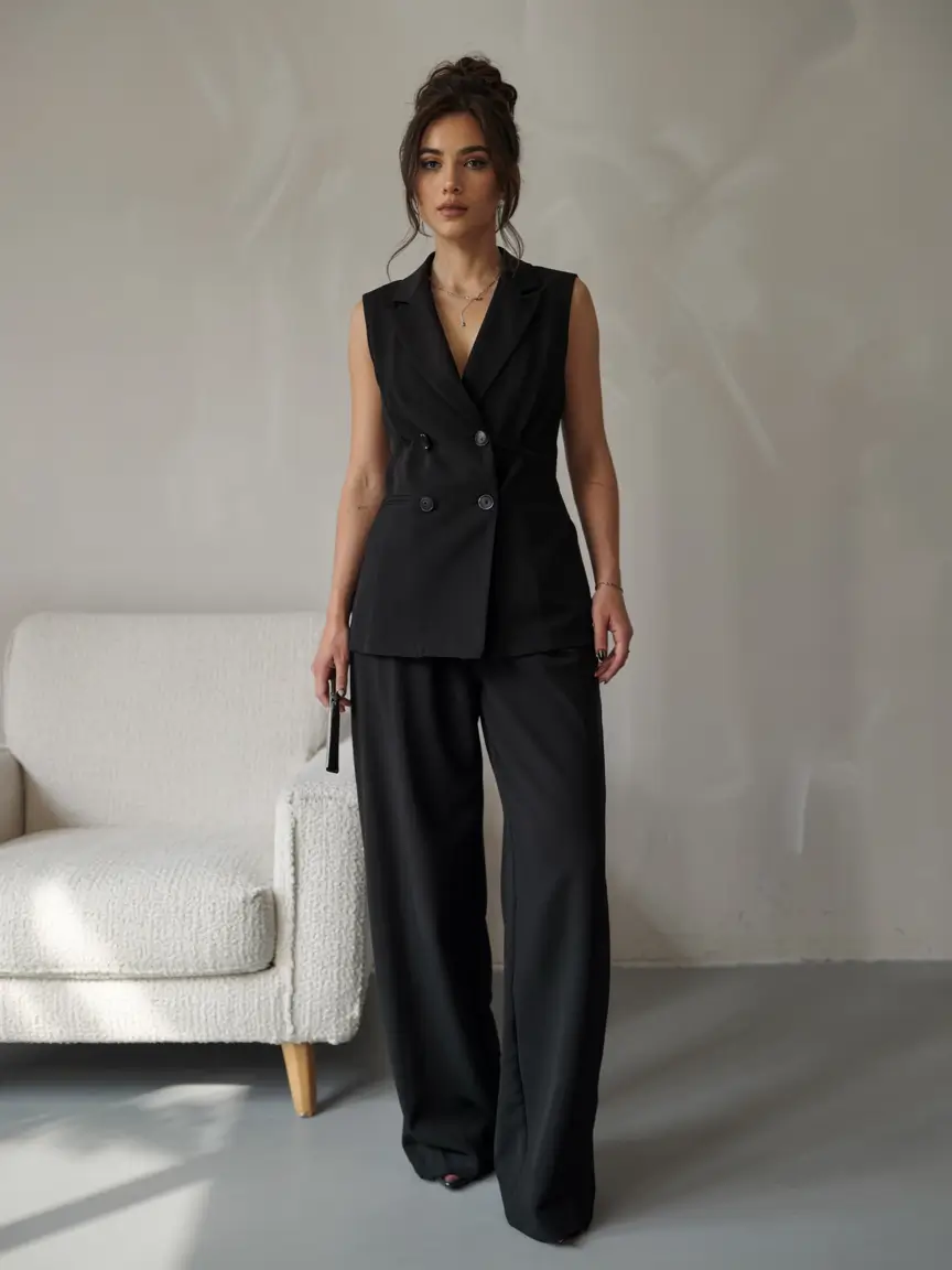 graduation look ideas 2026 Sharp Minimalism: The Sleeveless Black Suit Set