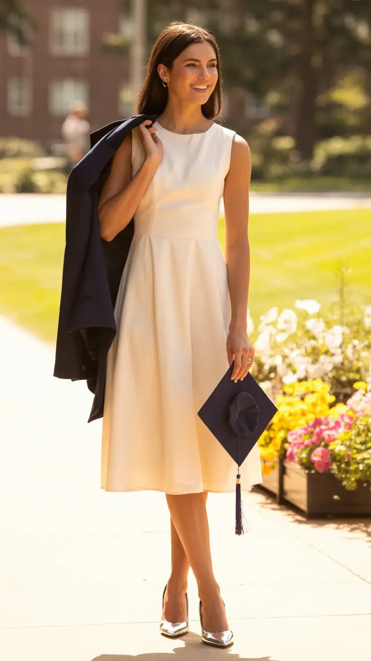 graduation look ideas 2026 Soft Ivory Elegance: The Classic Dress That Never Tries Too Hard
