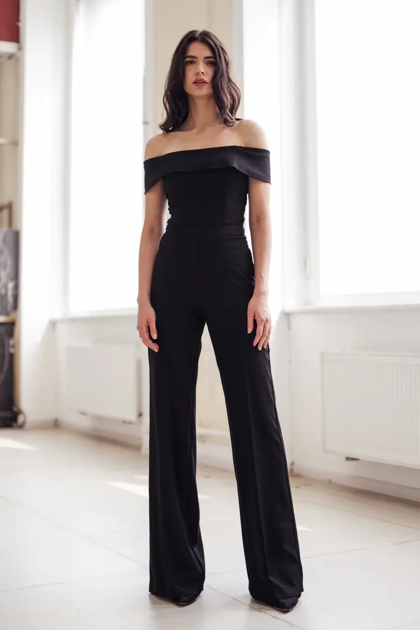 graduation look ideas 2026 Evening Edge: The Off-Shoulder Black Jumpsuit
