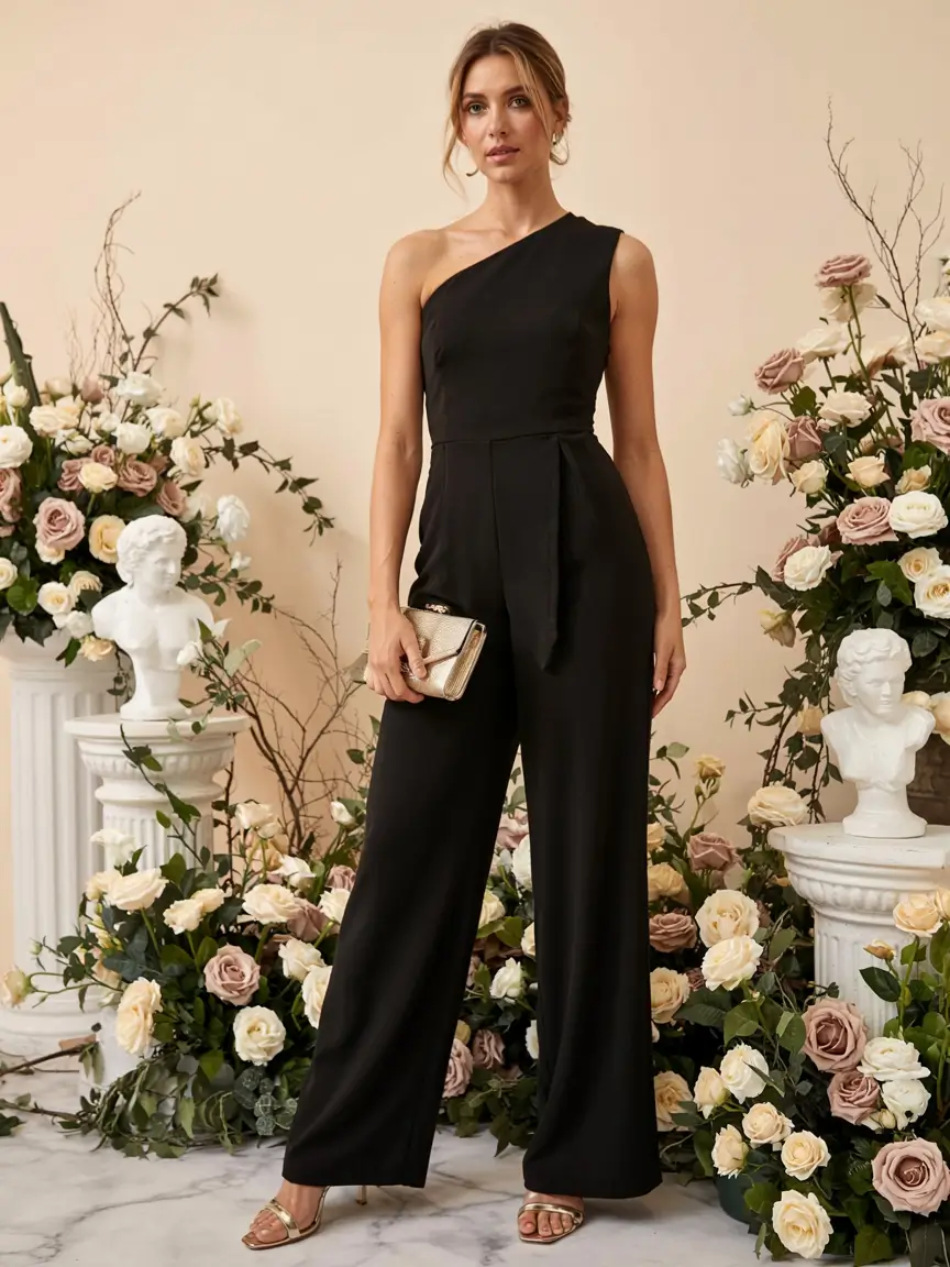 graduation look ideas 2026 Sculpted Simplicity: The One-Shoulder Black Jumpsuit