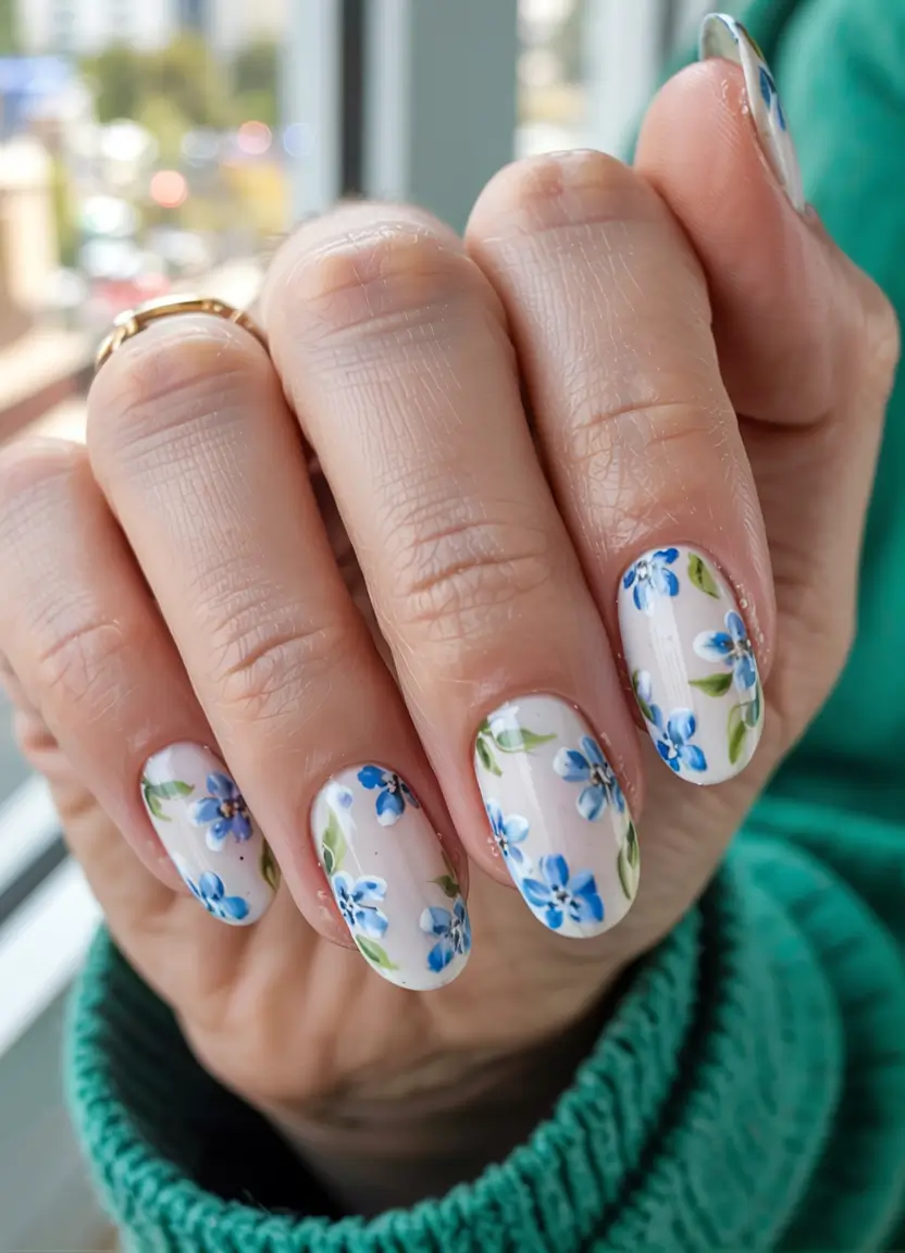 graduation nails ideas 2026 Blue Floral Story on a Porcelain Base