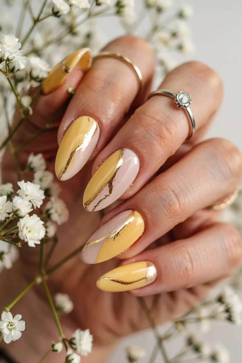 graduation nails ideas 2026 Butter Yellow with Liquid Gold Details