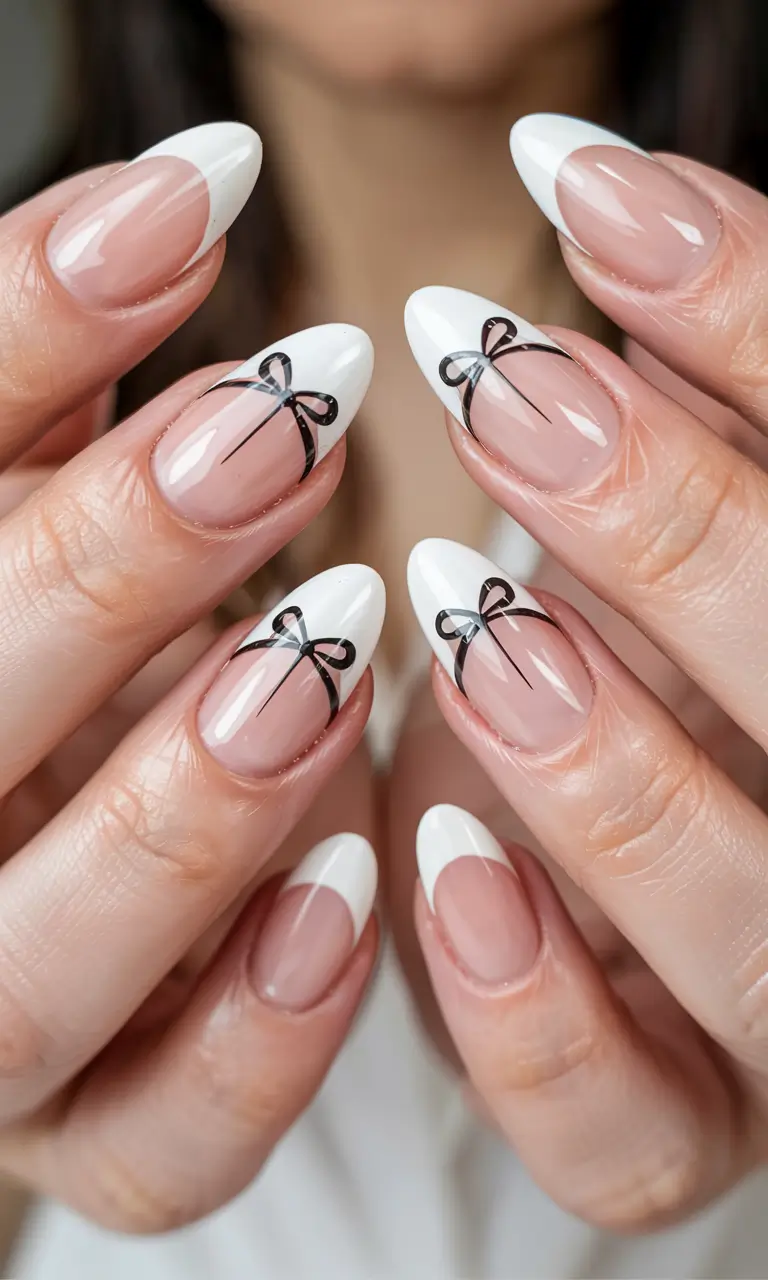 graduation nails ideas 2026 Classic French with a Delicate Bow Twist