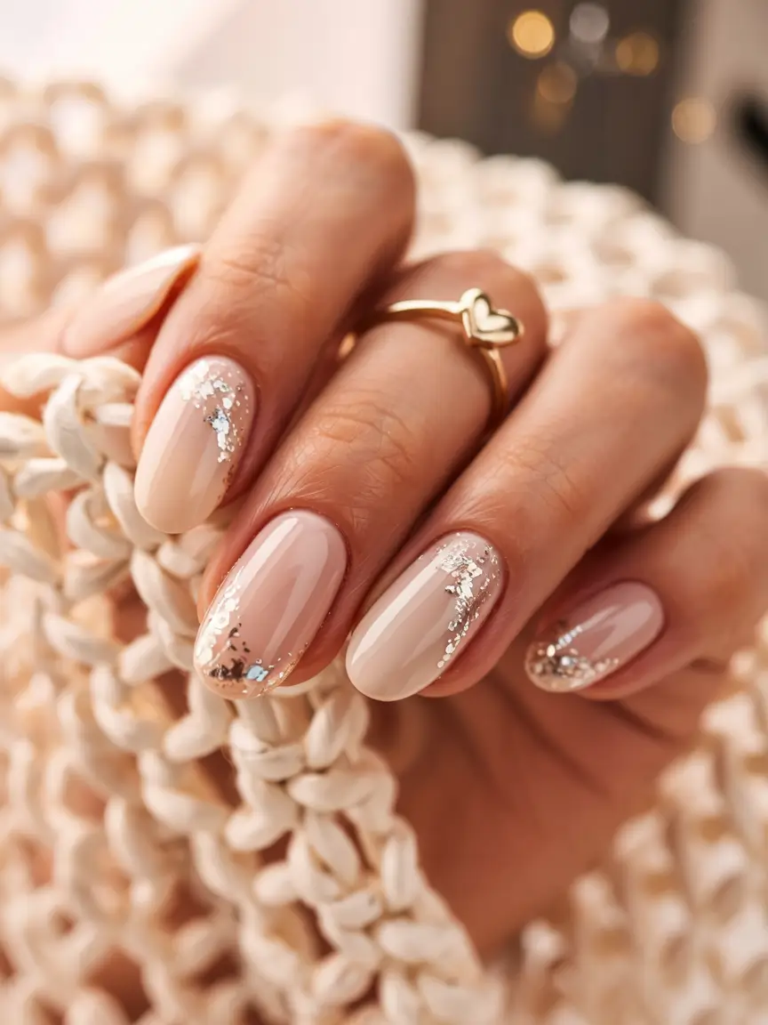 graduation nails ideas 2026 Sheer Nude with Floating Silver Foil
