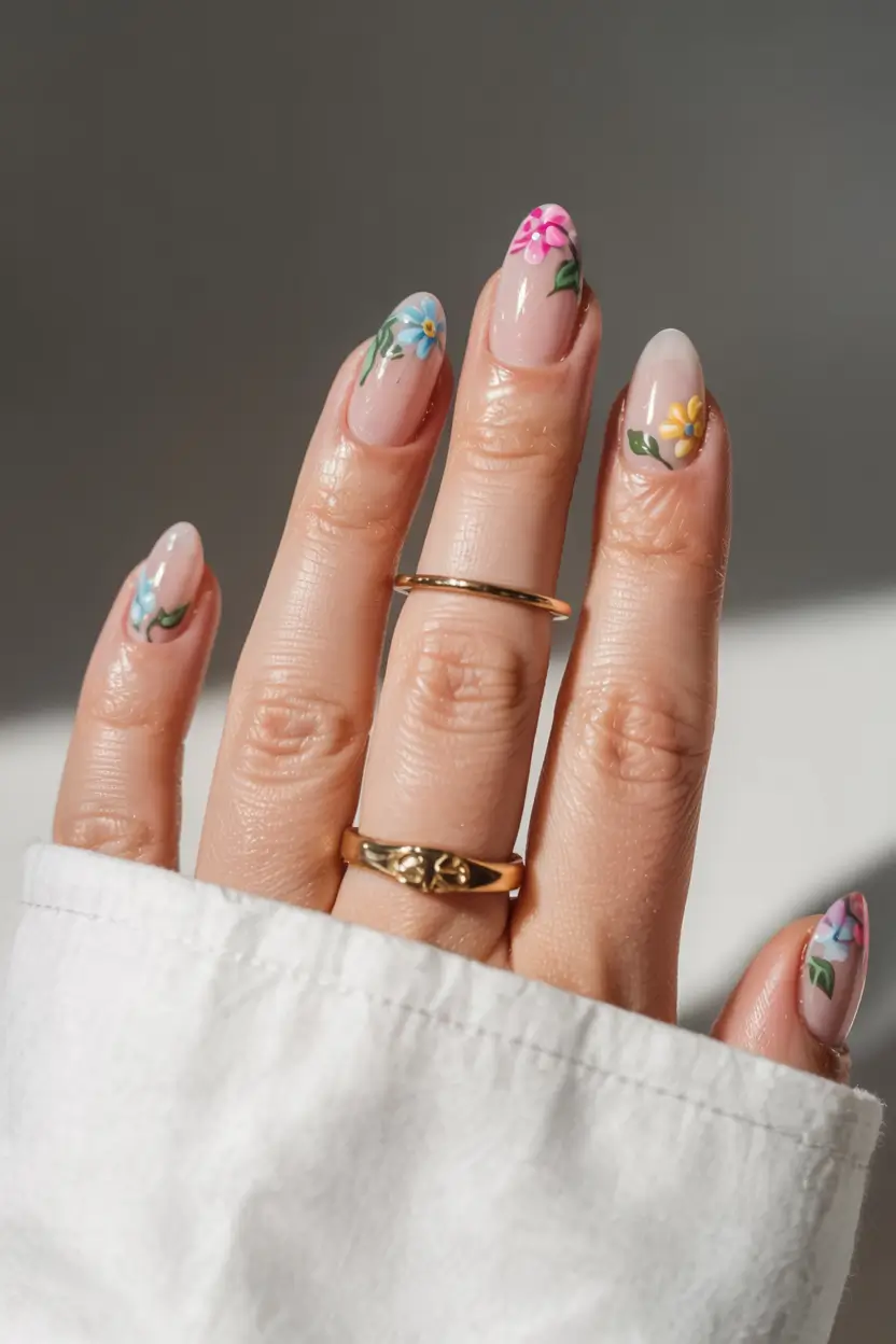 graduation nails ideas 2026 Playful Pastel Florals on a Bare Base