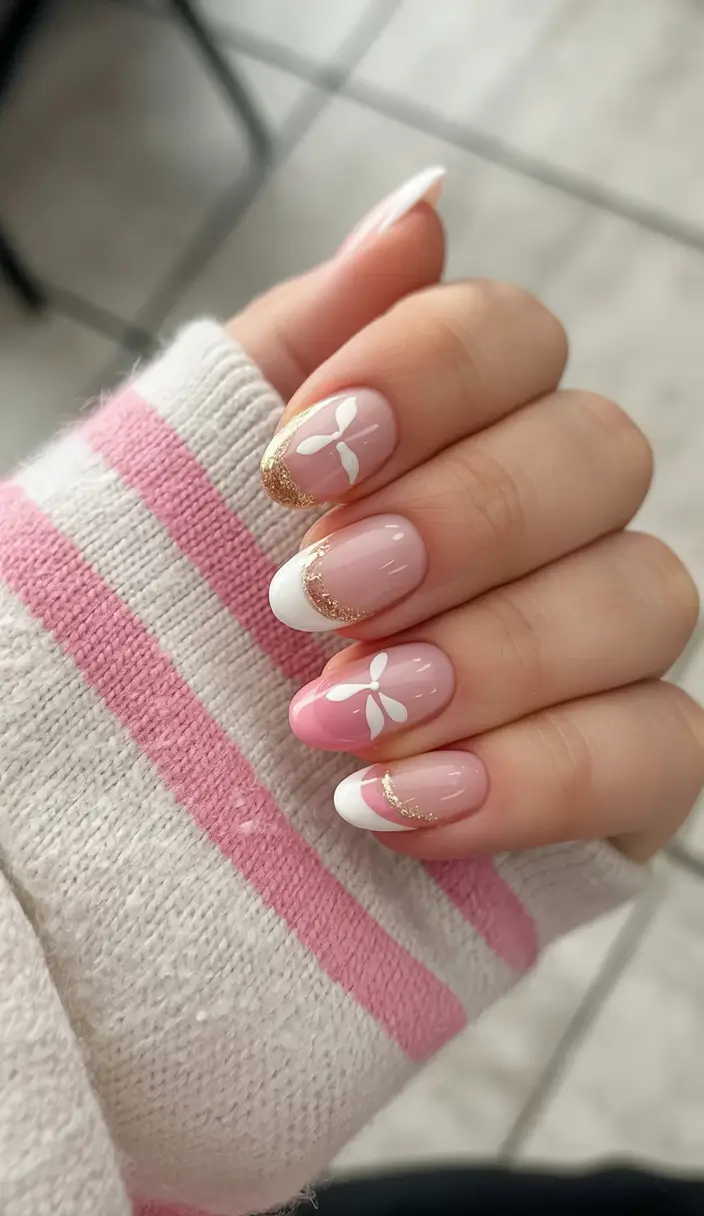 graduation nails ideas 2026 Soft Pink French with Gold Sparkle Details