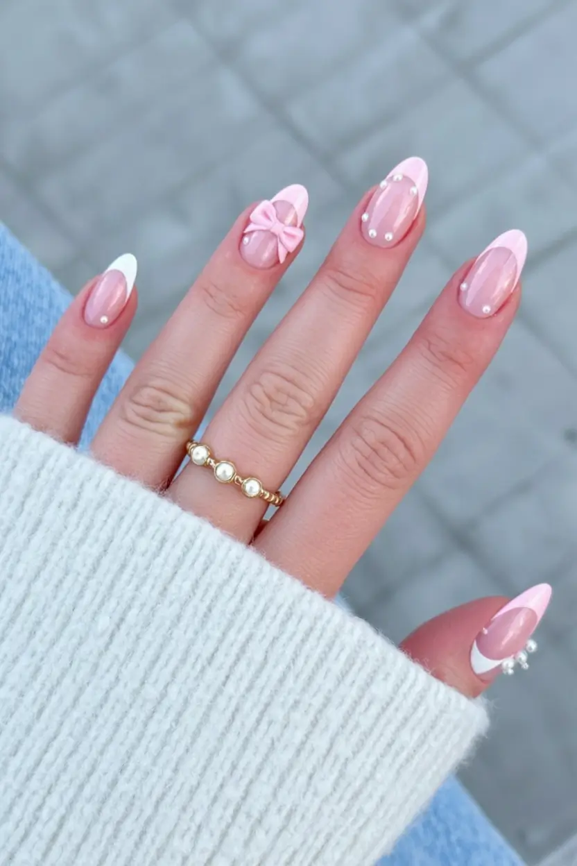 graduation nails ideas 2026 Soft Pink with 3D Bow and Pearl Details