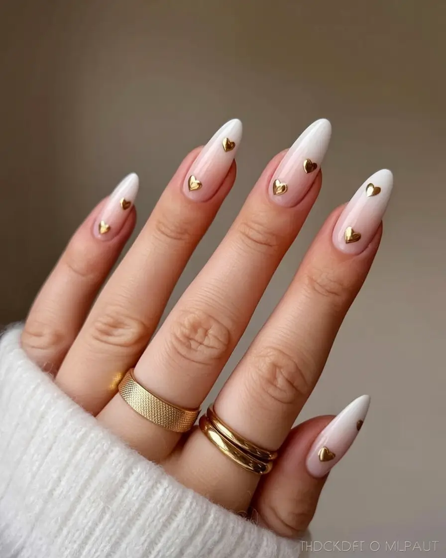 graduation nails ideas 2026 Soft Ombré with Tiny Gold Heart Details