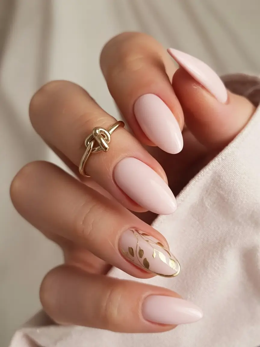 graduation nails ideas 2026 Milky Pink with Subtle Gold Botanical Accent