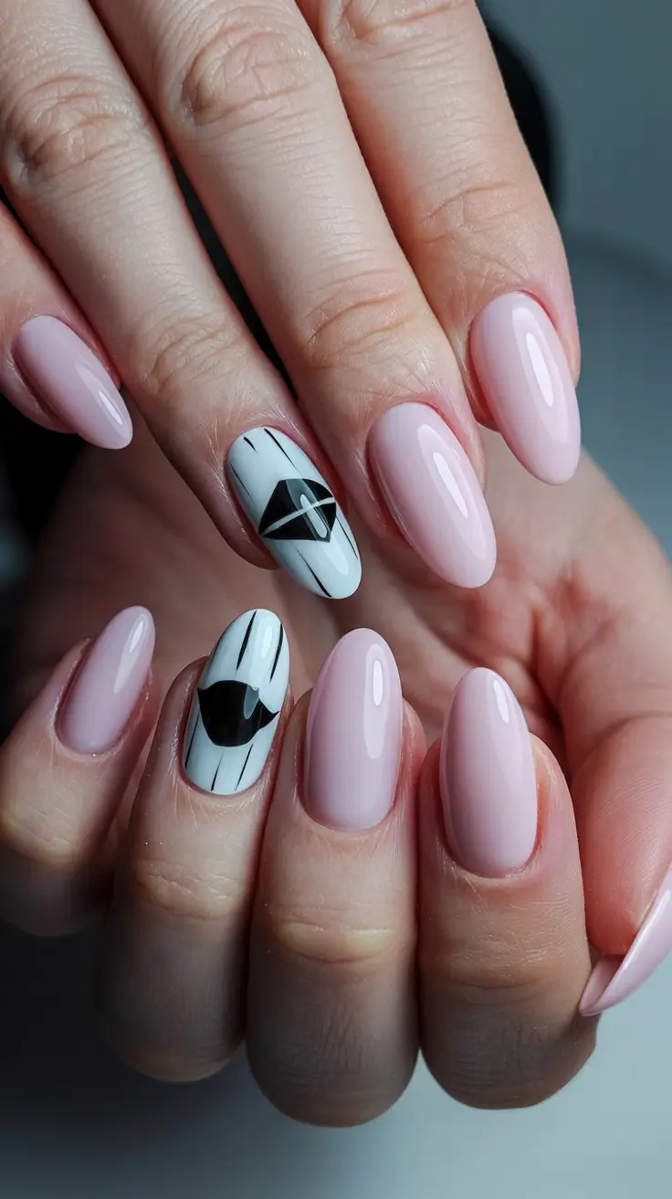 graduation nails ideas 2026 Soft Pink with Graphic Black Graduation Accent