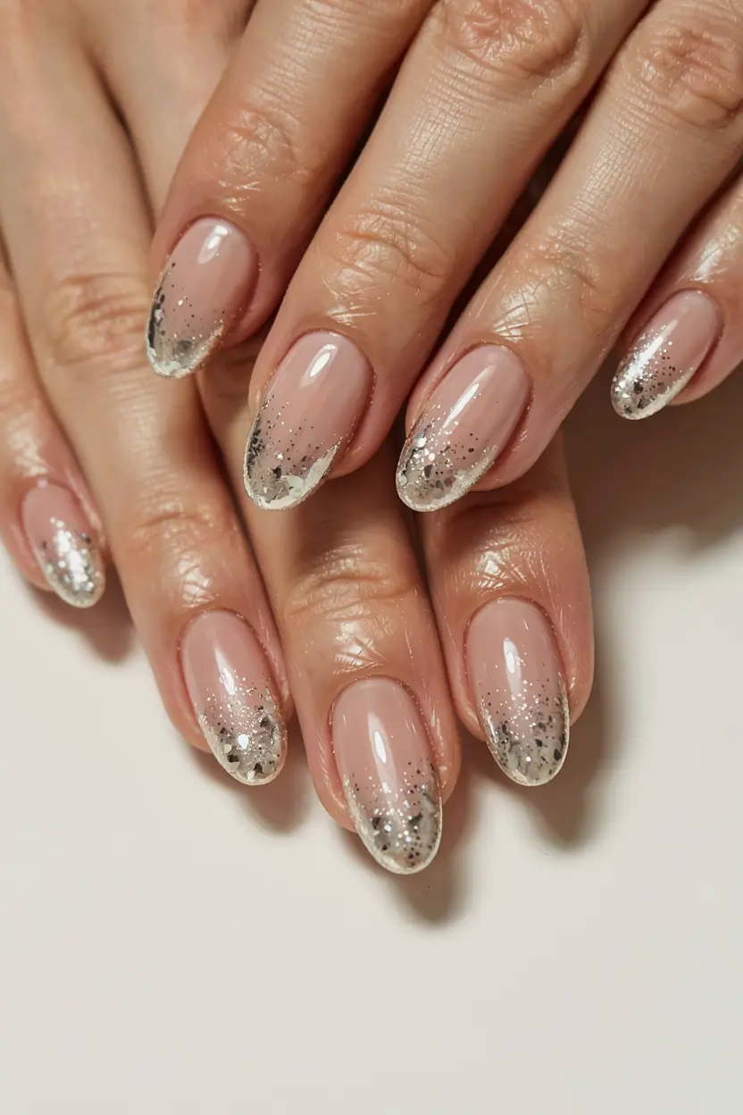 graduation nails ideas 2026 Glossy Nude with Melted Glitter Tips