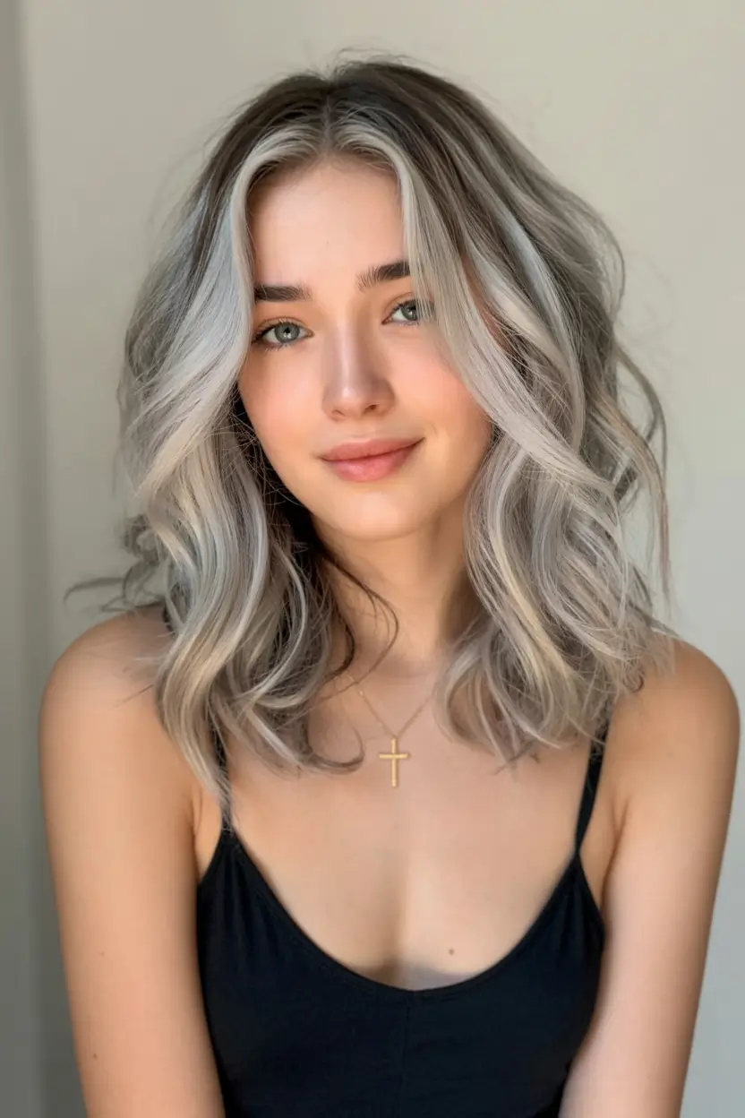 modern spring grey hair color ideas 2026 Soft Silver Waves with Face-Framing Brightness