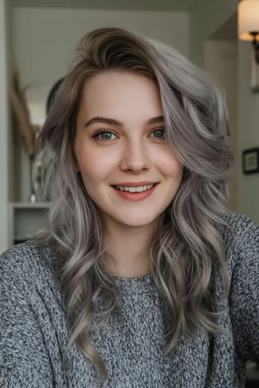 modern spring grey hair color ideas 2026 Cool Silver Waves with a Soft Side Part