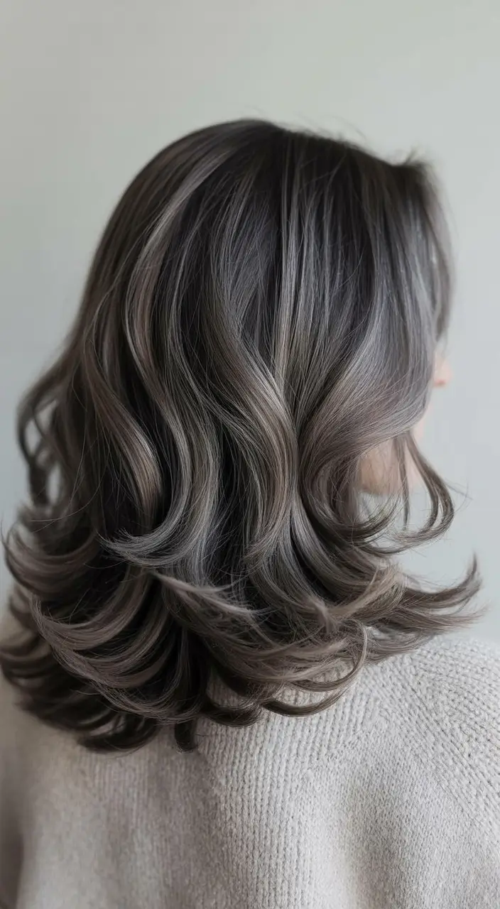 modern spring grey hair color ideas 2026 Layered Smoky Grey with Feathered Volume