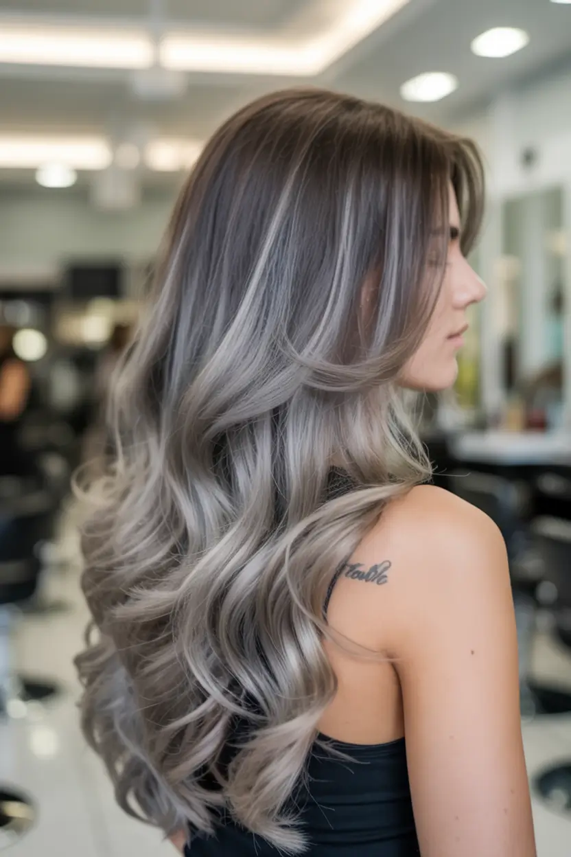 modern spring grey hair color ideas 2026 Silver Melt Balayage with Glamorous Waves