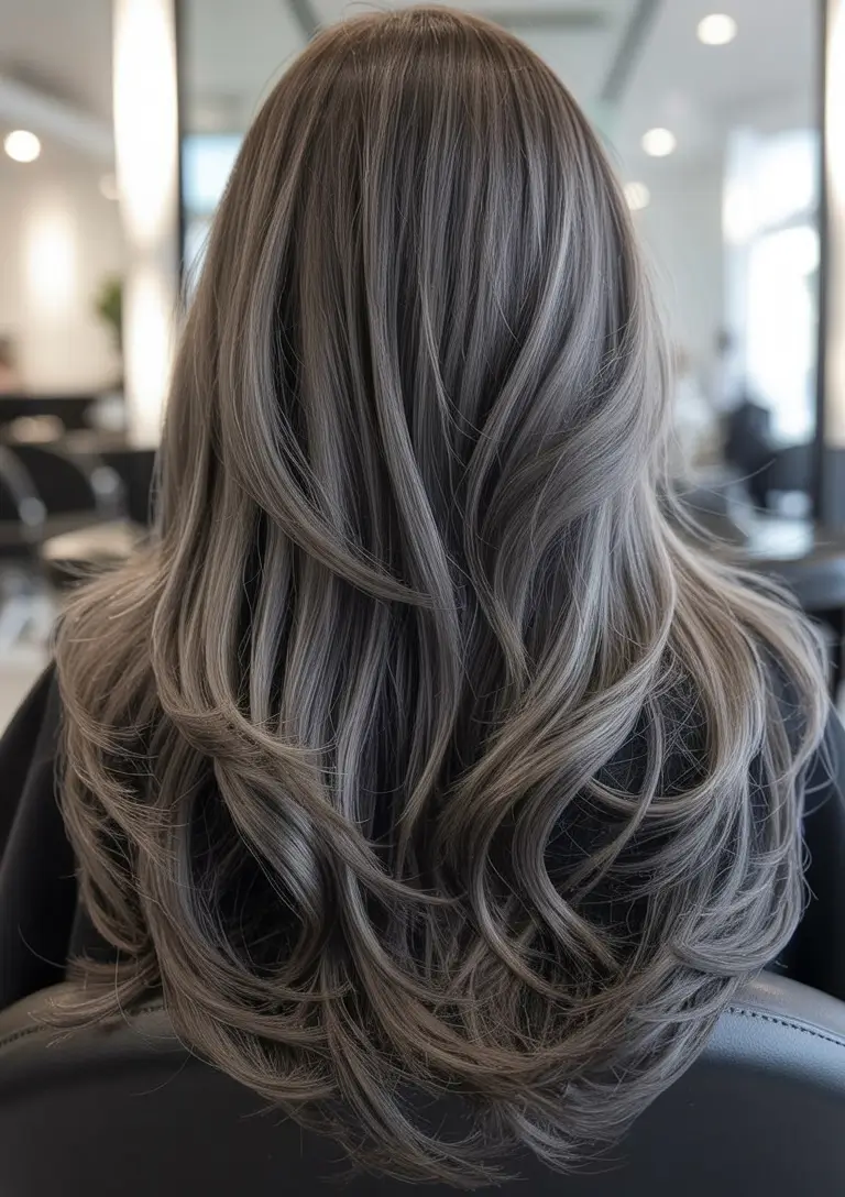 modern spring grey hair color ideas 2026 Dimensional Steel Grey with Voluminous Layers