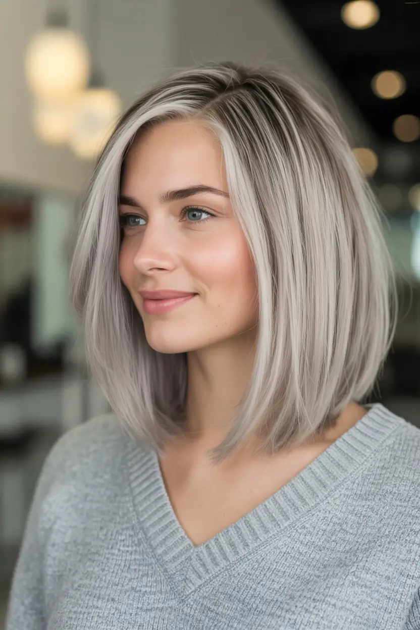modern spring grey hair color ideas 2026 Polished Pearl Grey Bob with Soft Precision