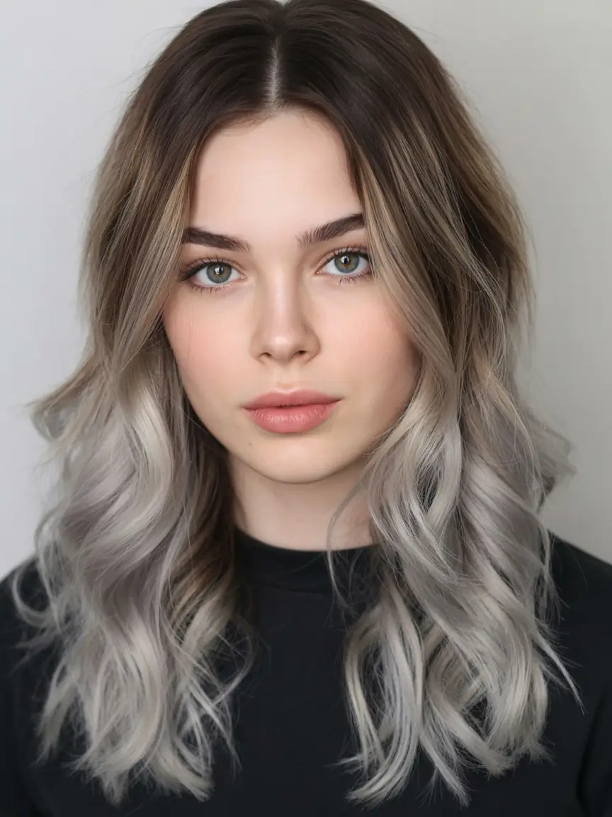 modern spring grey hair color ideas 2026 Silver Ombre Waves with Natural Root Depth