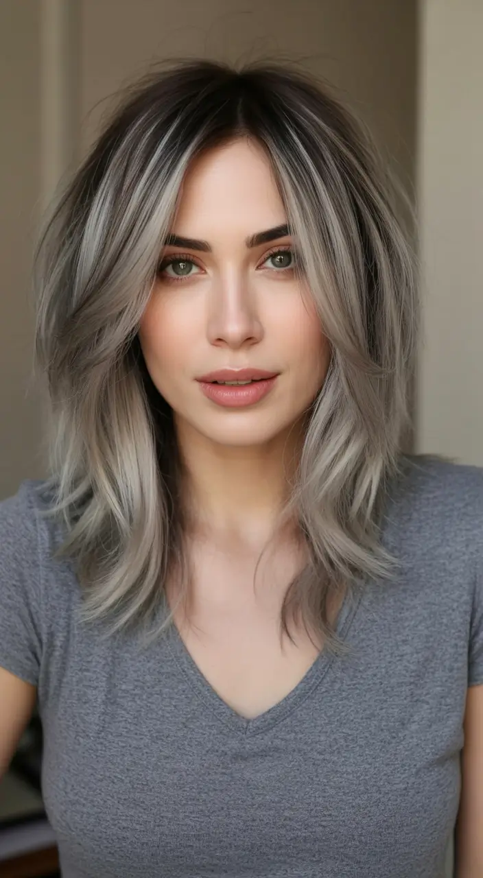 modern spring grey hair color ideas 2026 Face-Framing Silver Highlights with Layered Movement