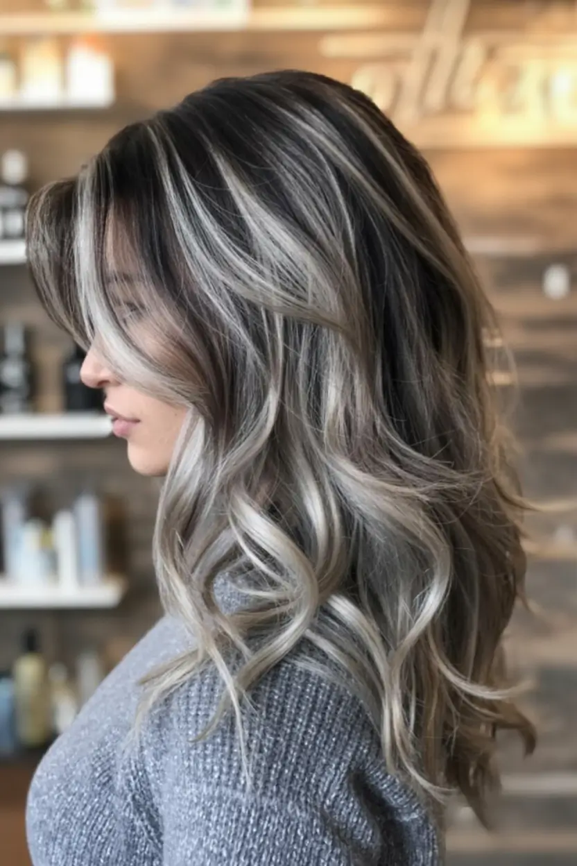 modern spring grey hair color ideas 2026 Smoky Grey Ribbon Highlights with Soft Waves