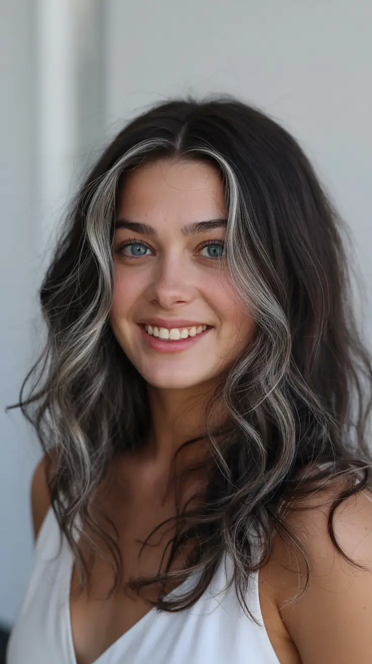modern spring grey hair color ideas 2026 Face-Framing Silver Streaks on Deep Brunette
