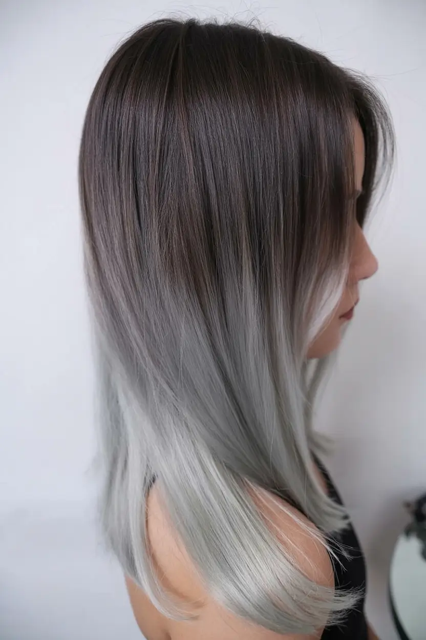 modern spring grey hair color ideas 2026 High-Contrast Silver Ombre with Sleek Layers