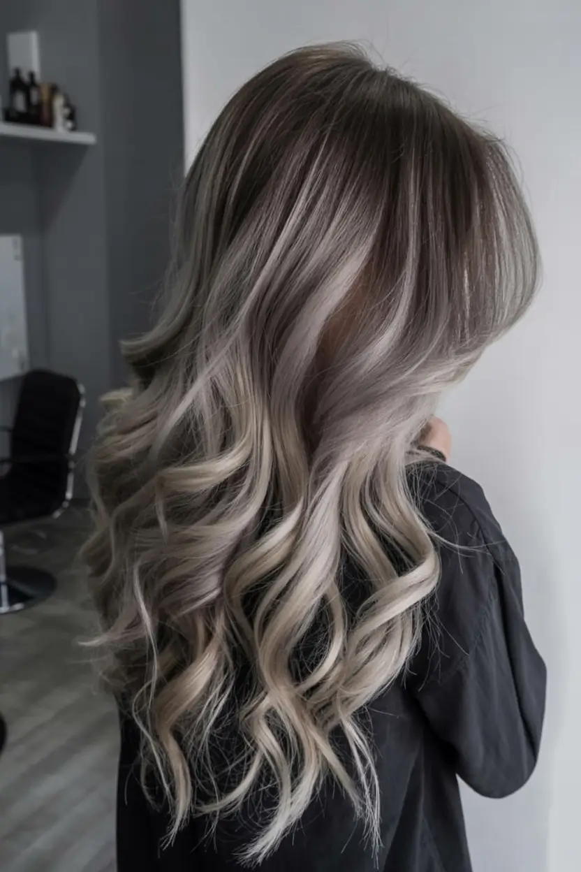 modern spring grey hair color ideas 2026 Soft Grey Balayage with Cascading Waves